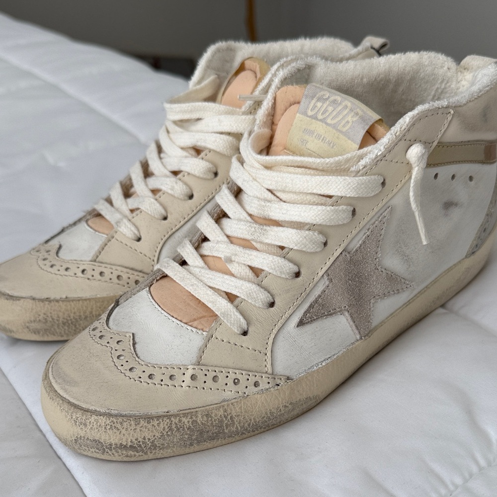 Golden Goose Beige and White High-Top Sneakers